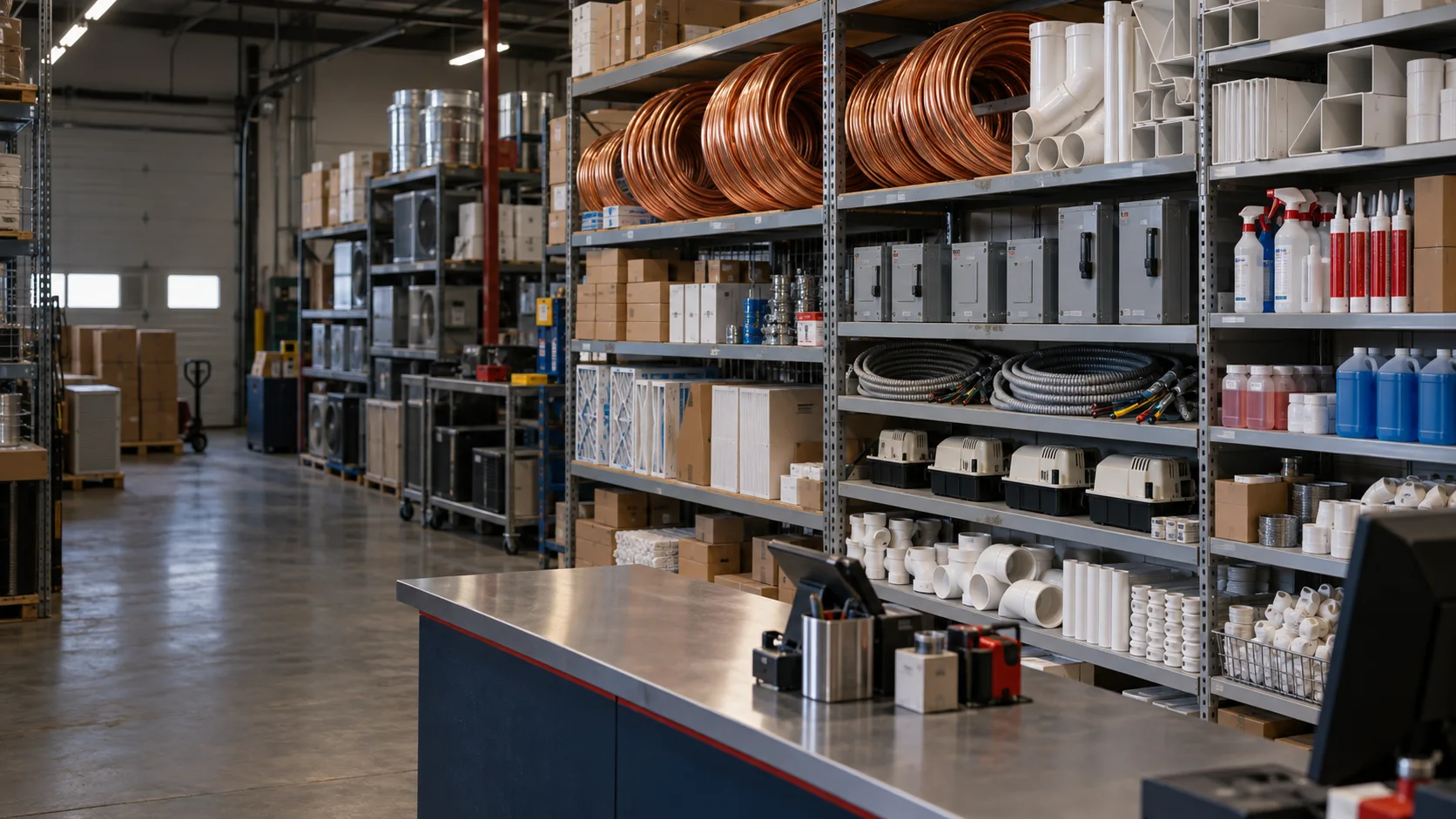 Organized HVAC supply inventory with copper line sets, disconnects, whips, condensate pumps, drain fittings and installation accessories