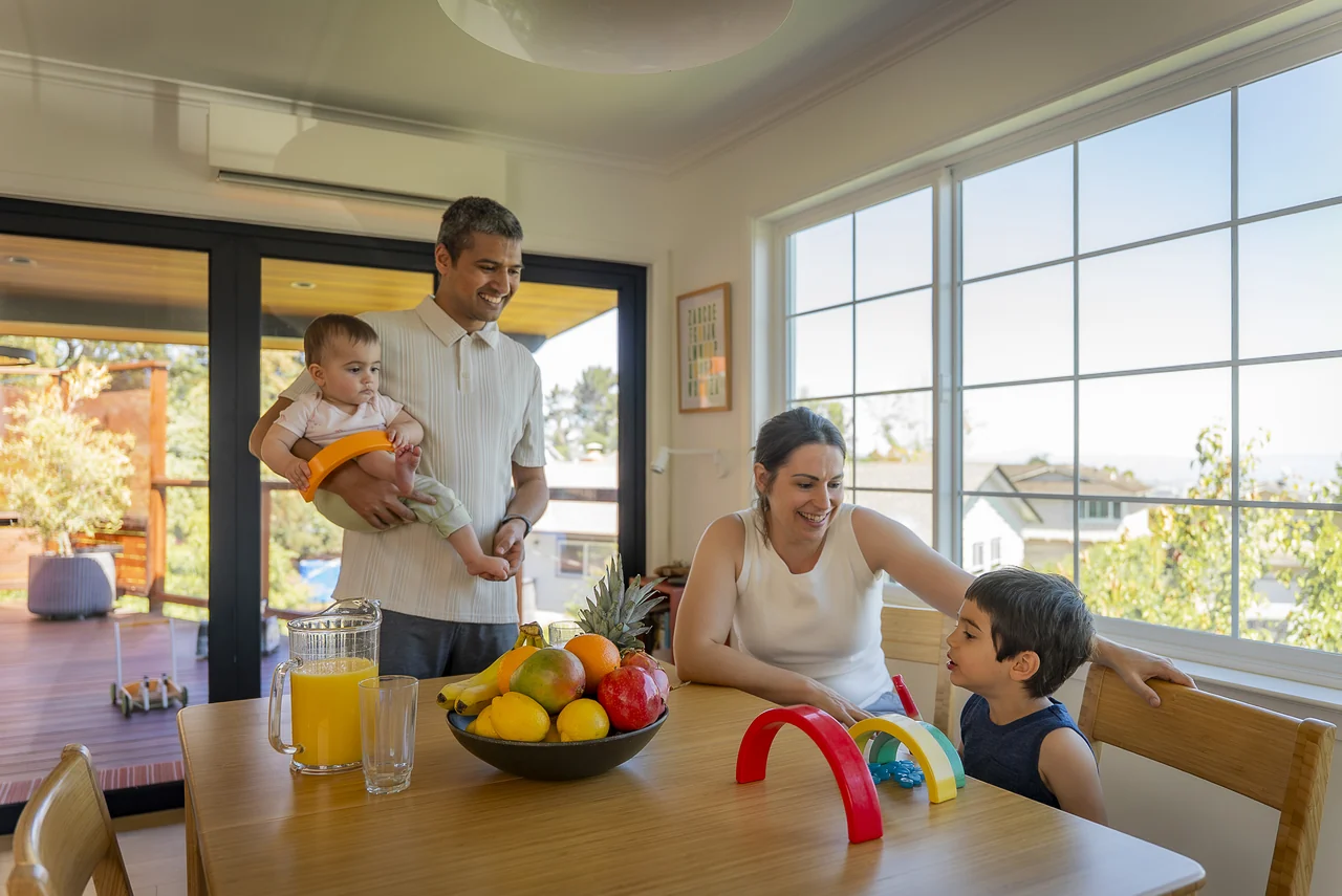 A family dining space with Quilt heating and cooling — manufacturer photography