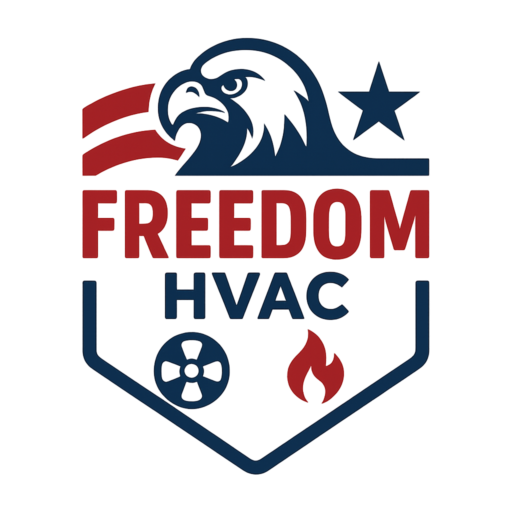 Freedom HVAC logo featuring a bold patriotic eagle design, representing a trusted heating and cooling company in Joplin, MO – hvacjoplin.com